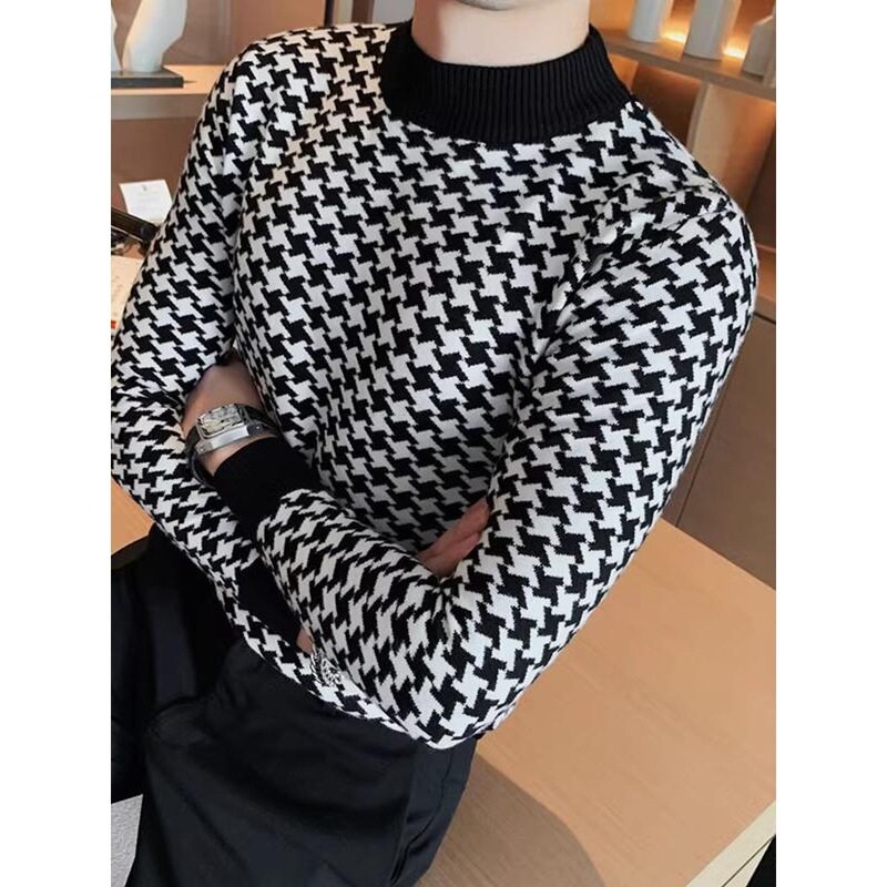 Half turtleneck stitching sweater men's long sleeve autumn and winter high-end fashion slim Korean style mid collar inner knitted bottoming shirt