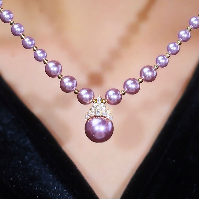 프랑스 레트로 다이아몬드가 박힌 보라색 진주 펜던트 목걸이 우아한 대기 디자인 독특한 패션 새로운 모직 체인