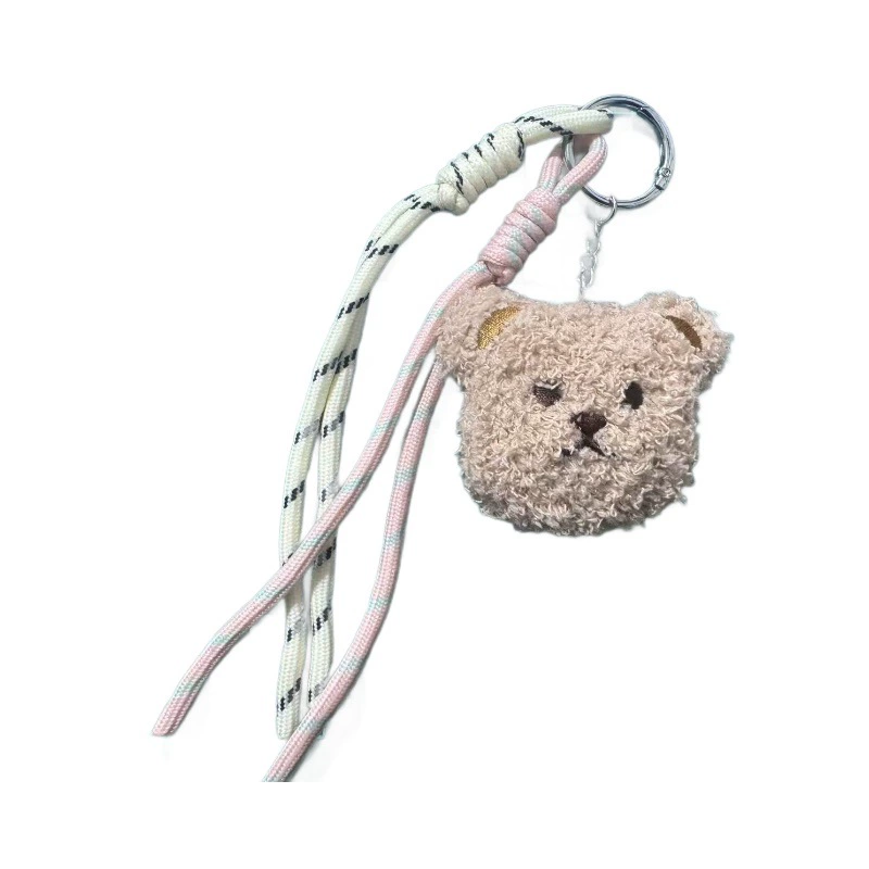 Bag charm (Miu-style) bear head plush pendant with hiking rope strap, cute accessory
