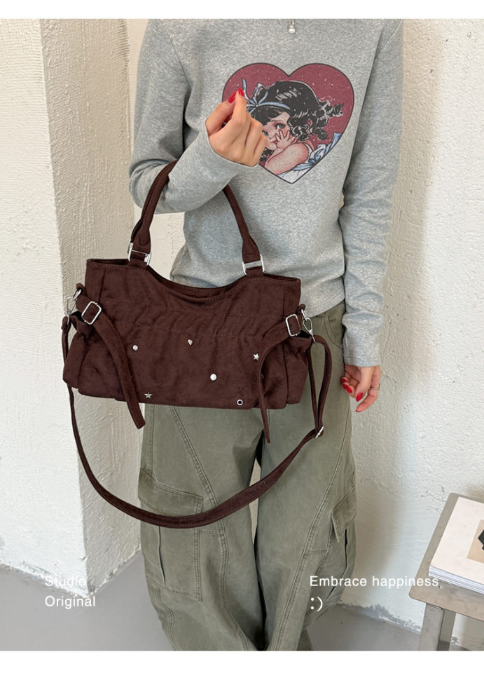 Túi tote da lộn mềm dáng shopping, túi đeo vai và đeo chéo dung lượng lớn — màu cà phê, màu nâu, màu trắng ngà, màu xám chi tiết 11