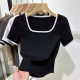 Short-sleeved T-shirt Women's Summer New Casual Square Collar Contrast Fashionable Base Shirt Inner Slim-fit Girl's Student Top