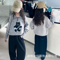 女童毛衣2025秋装新款灰色polo领中大童韩版套头针织衫卡通刺绣潮