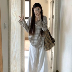韩系穿搭条纹慵懒风长袖t恤衫女秋2025新款显瘦宽松chic百搭上衣