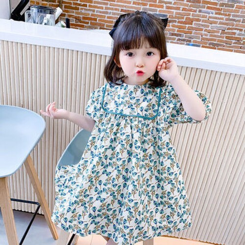 6107 Summer New Girls Dress Floral Green Fresh Skirt Children Internet Celebrity Baby Fashionable Dress