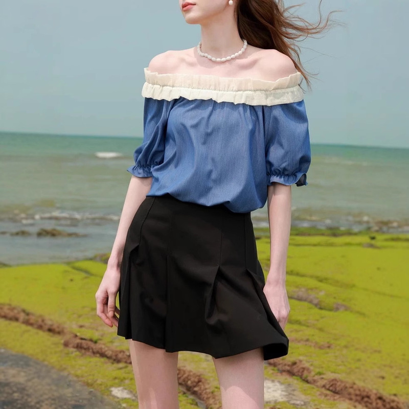 Sancai Duxing 2025 Summer New Imitation Denim Ruffled Round Neck Shirt One-Shoulder Top Shirt for Women F