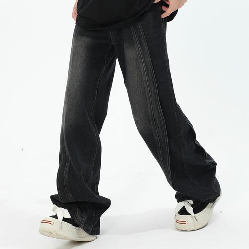 2025 Men's American-Style Heavyweight Patchwork Design Jeans: Loose Fit, High-Street Wide-Legged, Flowing Straight-Leg Trousers—Trendy