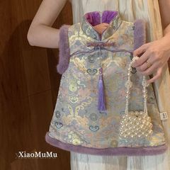 Girls plus velvet cheongsam skirt fashionable Chinese style one-year-old dress baby New Year Hanfu vest skirt purple princess skirt