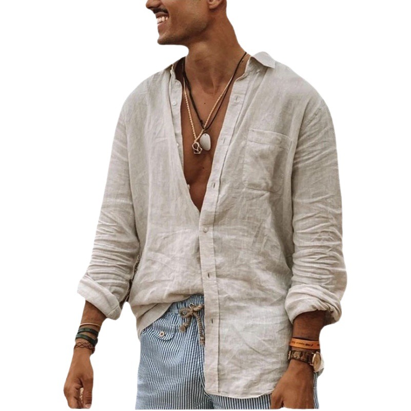 2023 Camisa de solapa transfronteriza europea y americana para hombres nueva camisa de bolsillo de algodón y lino de manga larga para hombres