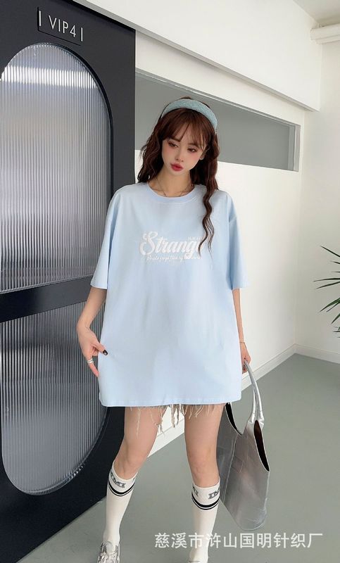 2025 レタープリント Tシャツレディース夏新作ゆったり大判ロング半袖前後発泡立体大判プリント|undefined