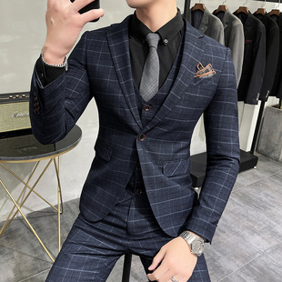 Foreign Trade Men's Suit Business Casual Large Size Three-Piece Korean Style Men's Plaid Suit Suit Autumn and Winter Dress