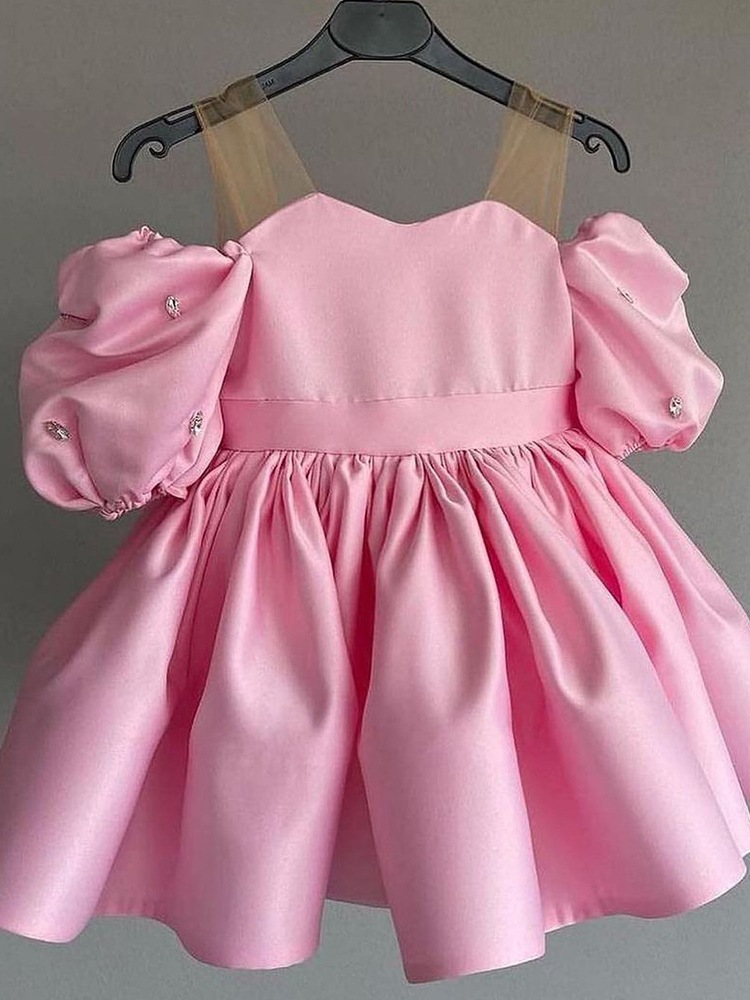 Prinzessinnenkleid für Mädchen, einfarbig, One-Shoulder, Puffärmel, Bühnenkostüm, Weihnachts-Livestream für Babys_voghion.com