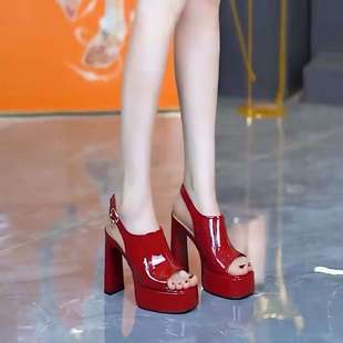 10cm Thick Heel Sandals for Women Summer New Fish Mouth Waterproof Platform Patent Leather One-Line Strap Thick Sole Elegant Versatile High Heels