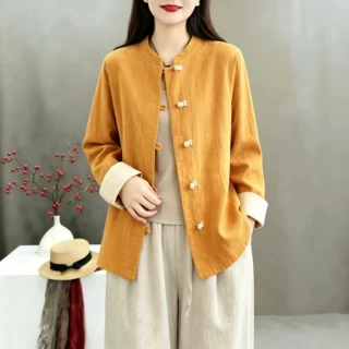 复古民族风撞色盘扣棉麻禅意素衣开衫外套女中式国风茶服宽松衬衫