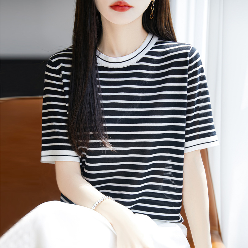 [Factory Direct Supply] Contrast Color Stripe Round Neck Tencel Short-sleeved T-shirt Women's Summer Thin Slim Ice Silk Shirt Top