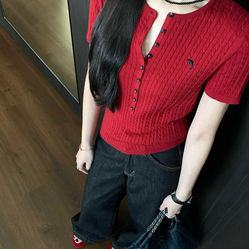 Red Embroidered Twist Short-Sleeved Knitwear for Women in Autum, Slim-Fitting Right-Shoulder T-Shirt, Unique and Beautiful Early-Autumn Top