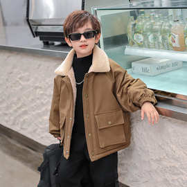男童冬装加绒工装派克服外套2024新款韩版洋气男孩加厚外套批发潮