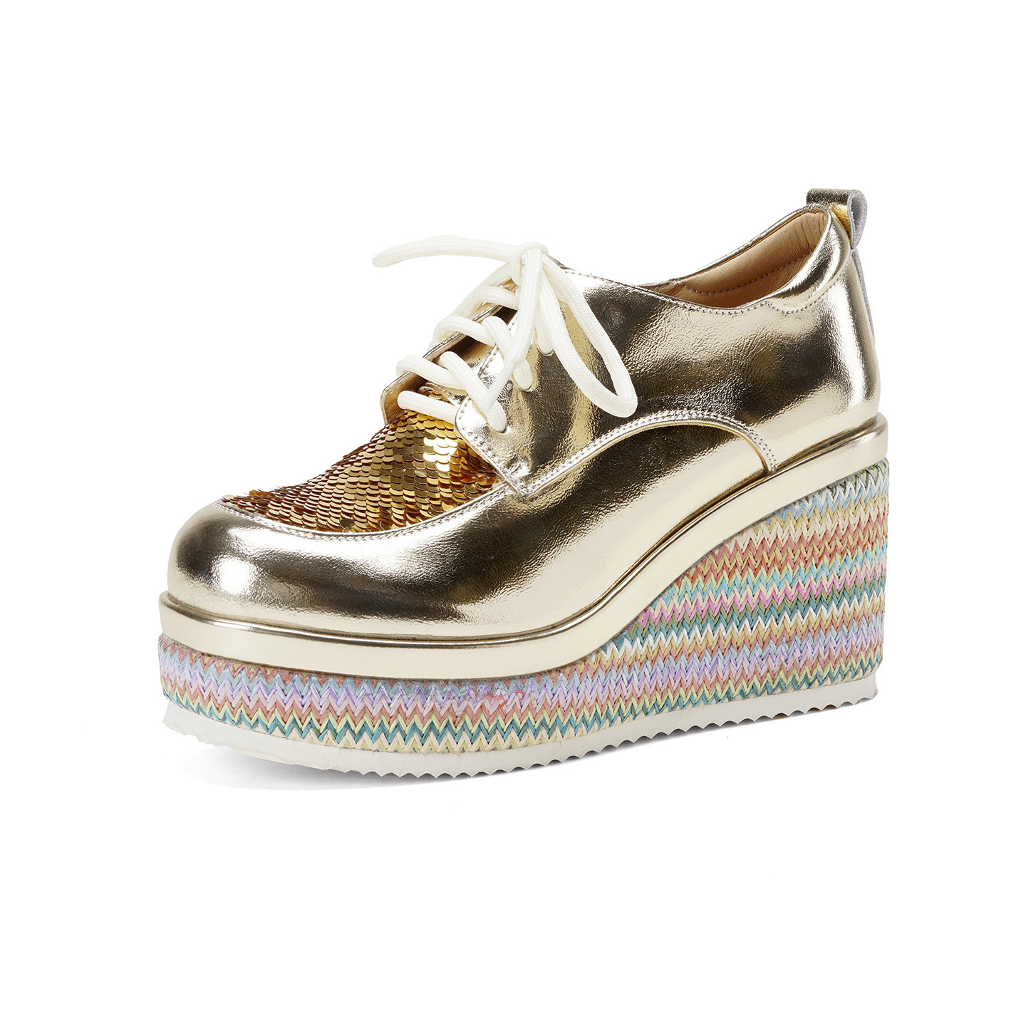 Giày loafer nữ đế xuồng cao gót 9 cm, phối đế cói, dây buộc, phối sequin lấp lánh — màu vàng, xanh lam