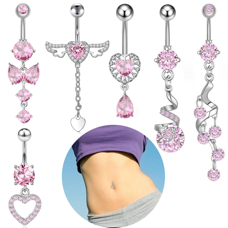 Piercing all'ombelico con ciondolo a forma di farfalla, stile cross-border, serie rosa, scintillante, all'ingrosso, nuovo, con cuore e zircone._voghion.com