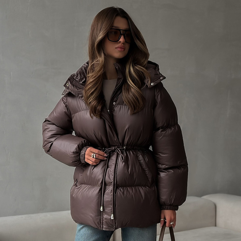 Cross-Border Drawstring Slim Cotton Jacket European and American 2025 Winter New Hooded Zipper Cotton Jacket Comfortable and Warm Cotton Jacket