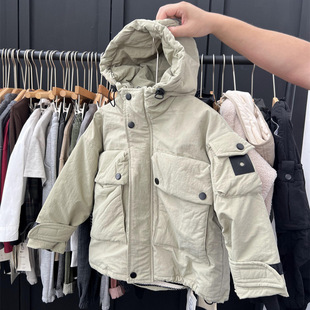 2024 Winter Children's American Style Padded Jacket Water-Repellent Hooded Jacket Boys Workwear Two-Cotton Thickened Cotton Jacket