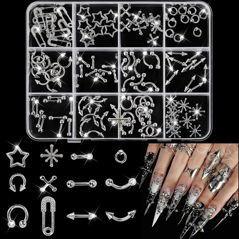 Cross-Border 12-Compartment Boxed Nail Art Accessories Punk Style Alloy Perforated Hanging Ring Lock Starburst Rivet Nail Drill Accessories