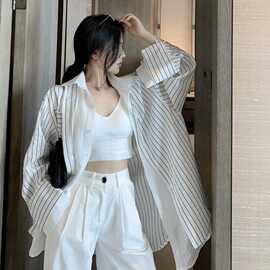假两件衬衫女外穿开衫2026年夏条纹中长款衬衣新款宽松薄款外套