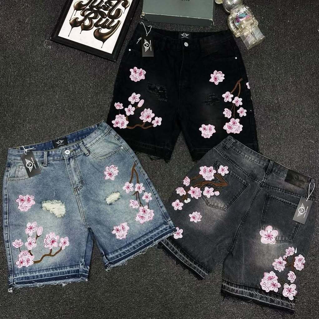 Pure Cotton Retro Cherry Blossom Embroidered Denim Shorts Men's Summer Y2K Gothic Hip-Hop Street Casual Pants Mid-Pants Cross-Border