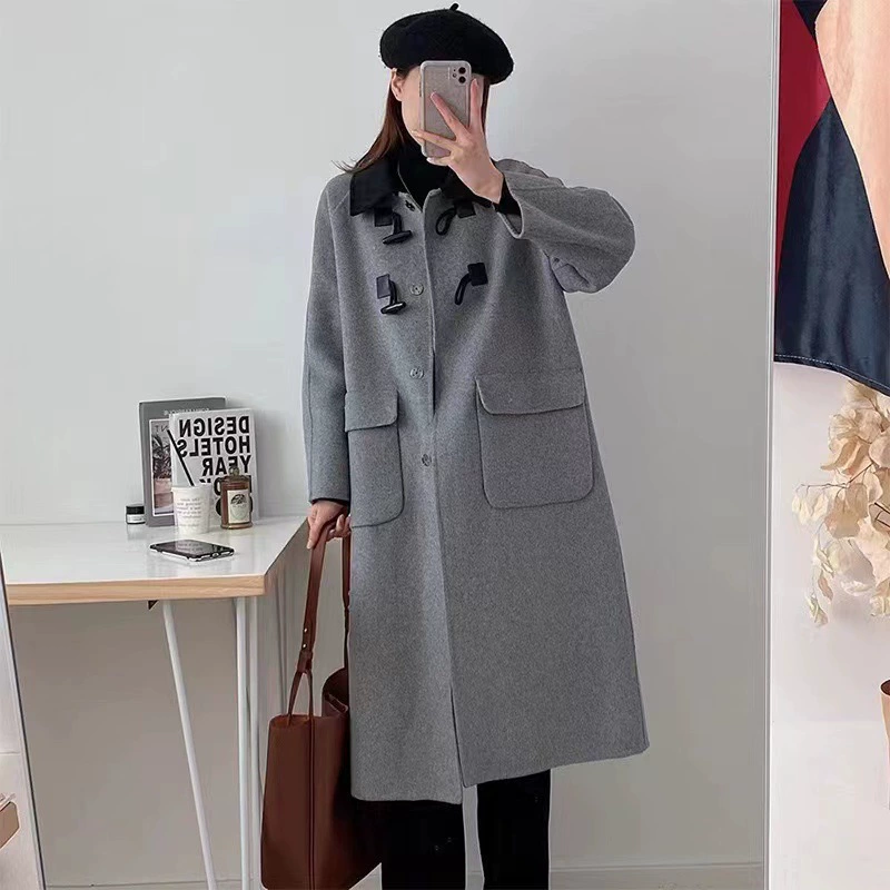 2022 осенне-зимнее Новое двустороннее кашемировое пальто, женское свободное утолщенное шерстяное пальто средней длины с роговой пряжкой