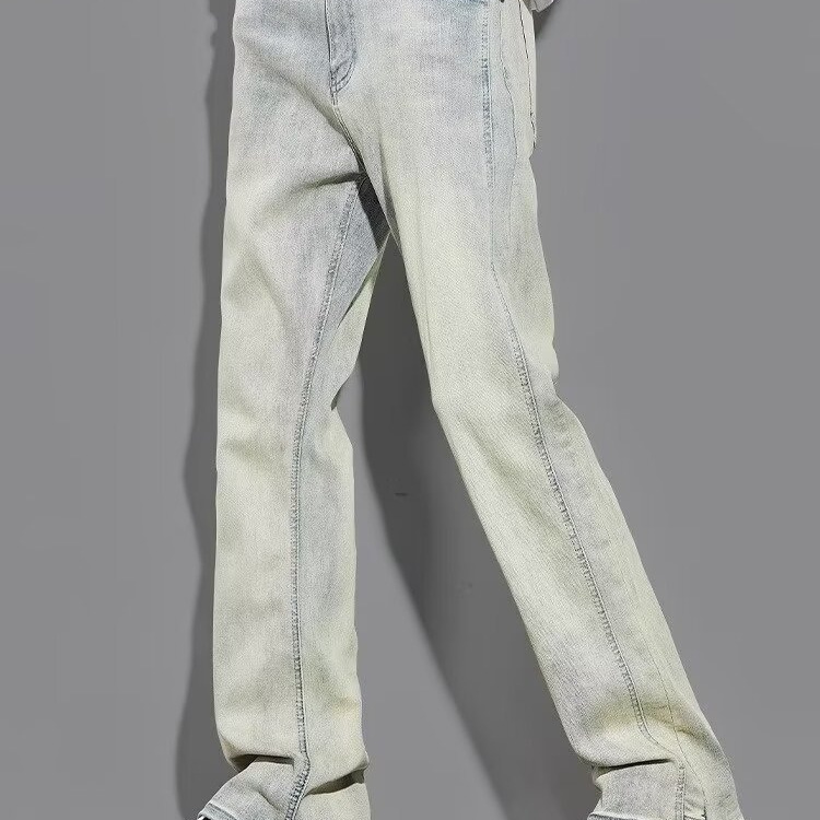 2024 Spring and Autumn New High Street Yellow Clay Scale Pantalones de trapeador de mezclilla elástica lavados de gran tamaño para hombres