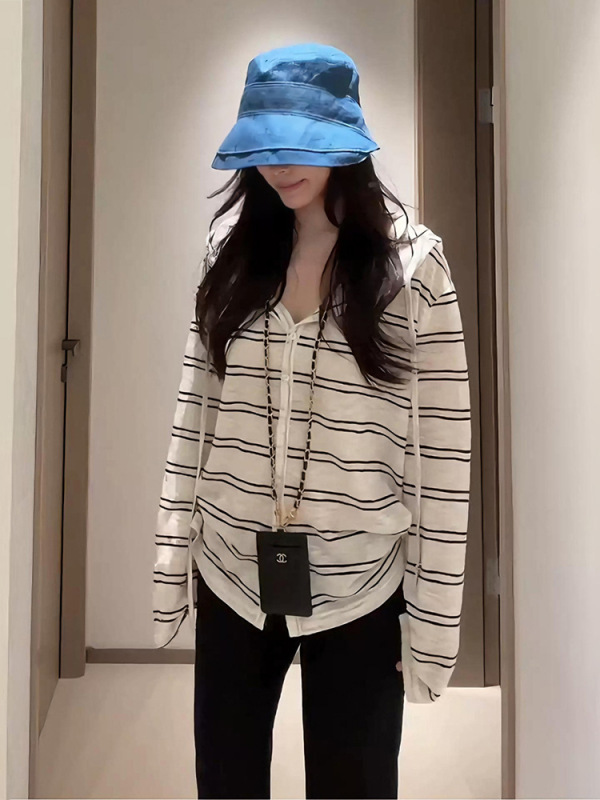 休闲百搭长袖连帽条纹开衫T恤女早秋韩系慵懒薄款防晒衣上衣外套|undefined