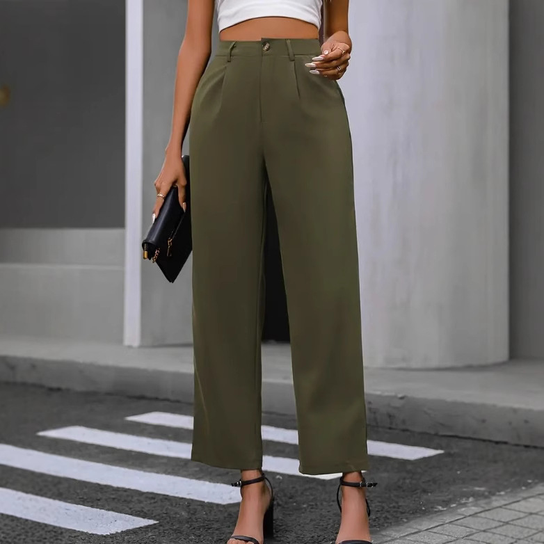 2024 comercio exterior transfronterizo europeo y americano nuevo elegante color sólido alto plumado pantalones de trajes de piernas anchas pantalones de mujer