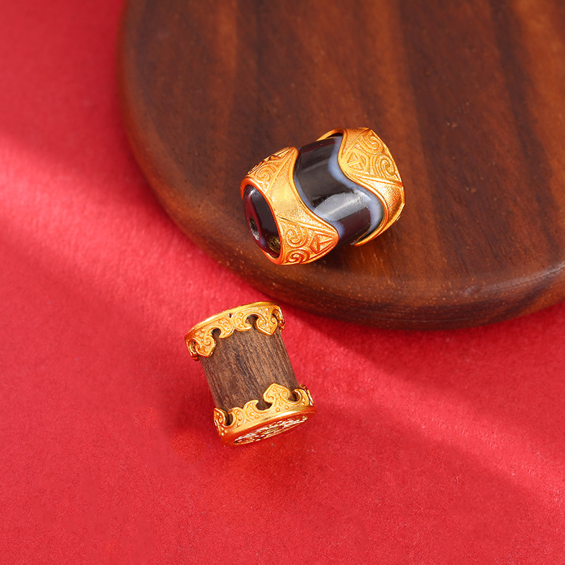 24K Gold-Plated Copper Inlaid with Agarwood Dzi Beads, Barrel Beads, Spacer Beads, DIY Bracelet Round Beads, Fortune Beads, Waist Beads, Jewelry Accessories