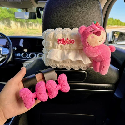 2025 New Style, Car tissue box/set - pink-strawberry-bear-3-piece-set-puff-tissue-box-chair-back-hook2