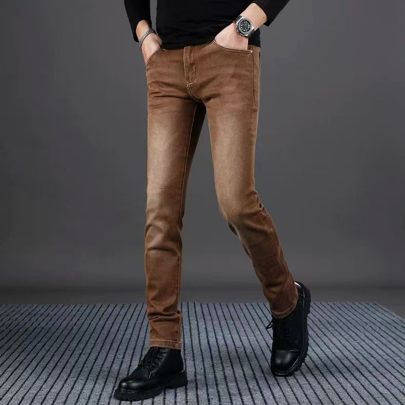 Men's Coffee Colored Slim Fit Jeans Casual Spring Style mid Waist Cotton Long Pants Black Gray Blue Wide Leg Skinny Jeans_voghion.com