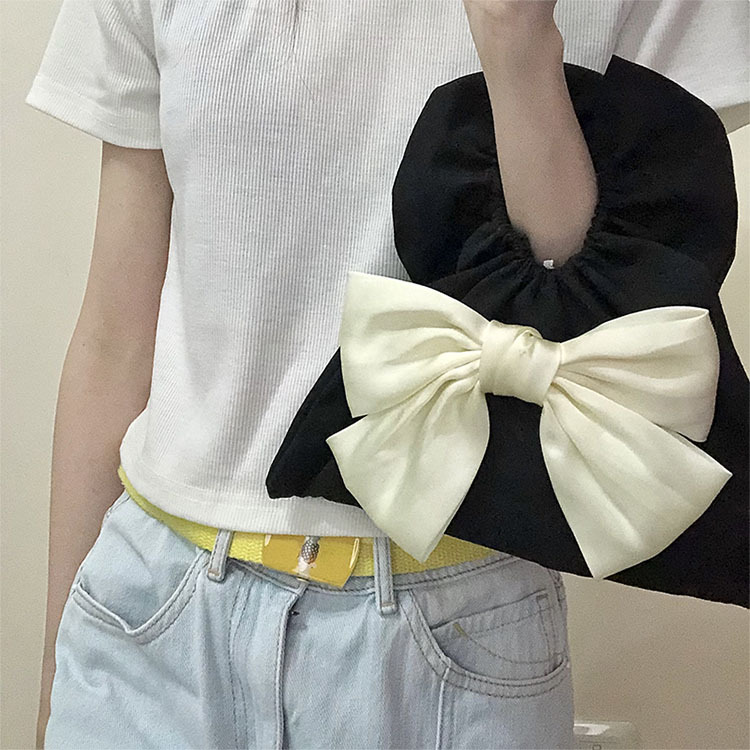 Color Blocking Pattern Cute Canvas Bow Pull-belt Cloth Black Leather White Leather Black Handbags display picture 6