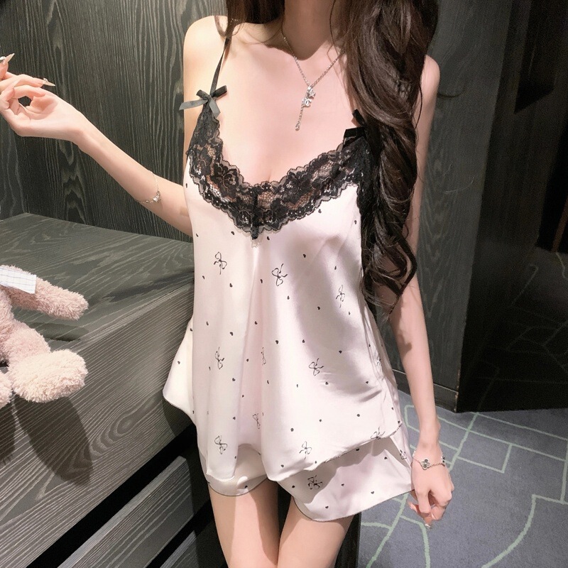 New sexy women's pajamas, ice silk satin set, summer camisole shorts with chest pads, lace trim home wear