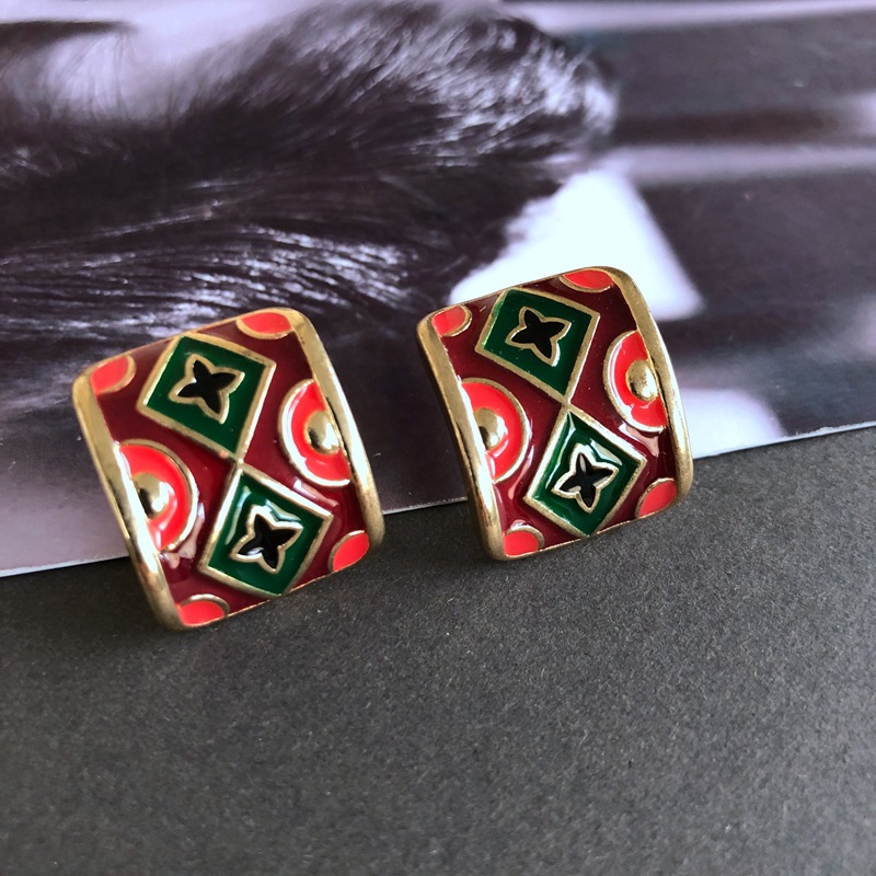 14g Weight No Inlaid Inlay Material Earrings, Ear Studs Classification Wedding, Travel Occasion Alloy Material Printing Pattern Women'S Gender Fashion Style Green, Silver Color Retro Red Oil Drip Glaze Enamel Heart Wave Dot Color Matching Geometric Earrings Wholesale Nihaojewelry 11