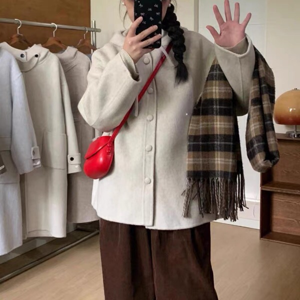 Double-sided cashmere short woolen woolen coat with hood with bow