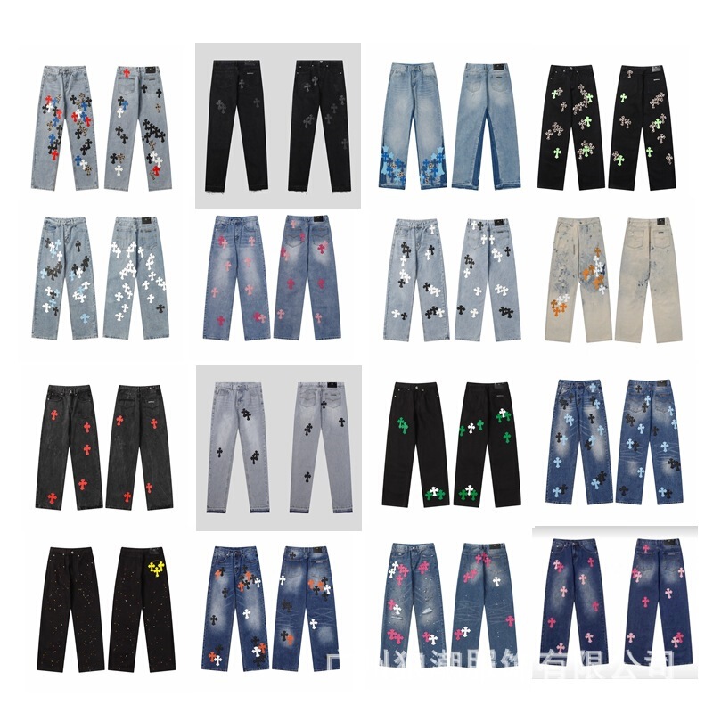 American high street fashion brand cross and Sanskrit patch washed distressed unisex casual loose straight jeans American high street fashion brand cross and Sanskrit patch washed distressed unisex casual loose straight jeans
