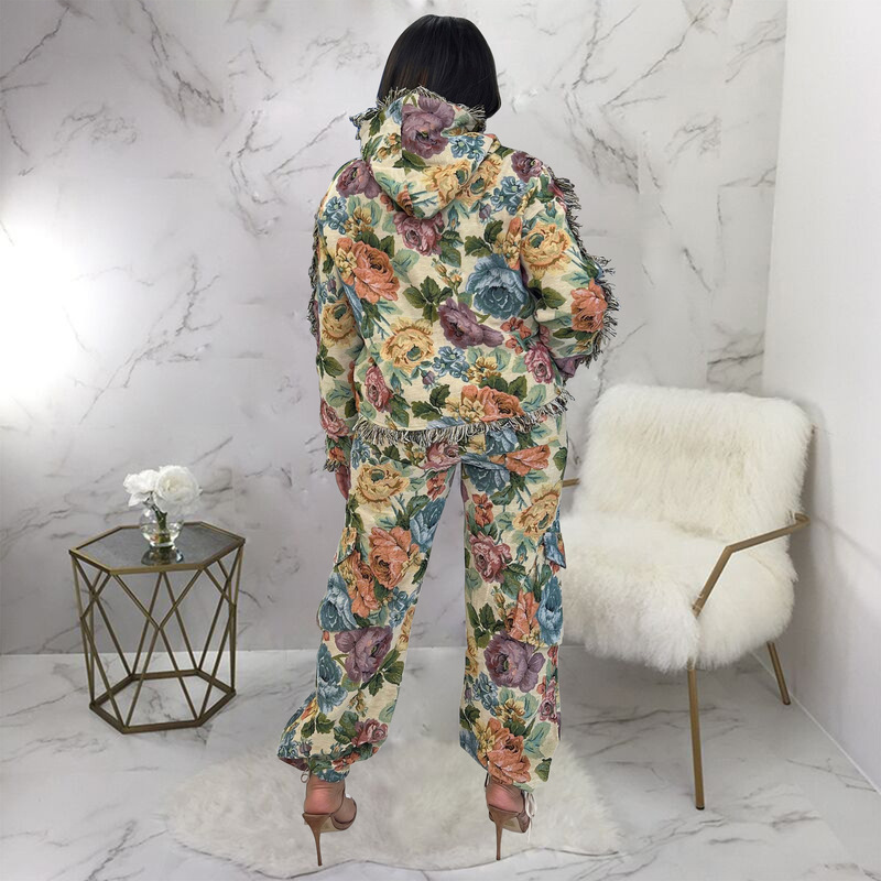 10899欧美时尚女装批发亚马逊秋冬新品提花连帽长袖长裤流苏套装|undefined