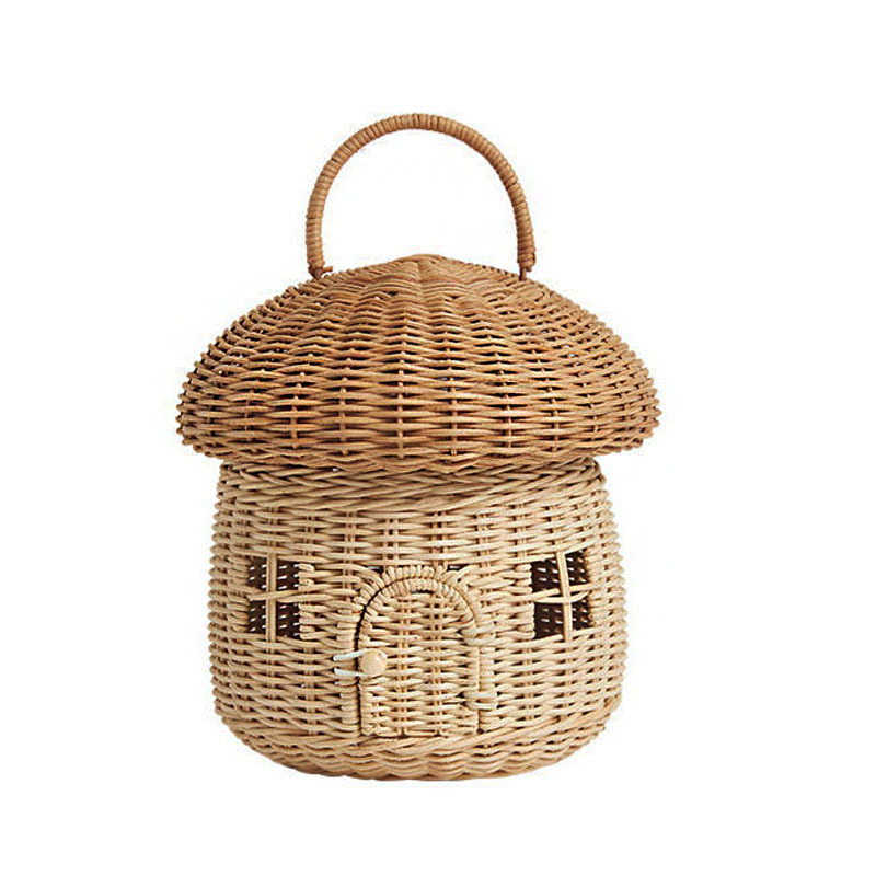 INS estilo hecho a mano ratán en forma de seta cesta de almacenamiento accesorios de tiro para niños bolsa de mano cesta decoraciones de la habitación de los niños