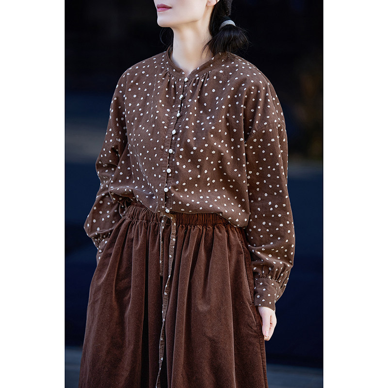 Spring New Style Artistic Retro Coffee-Colored Polka Dot Cotton Soft Corduroy Shirt with a Light Chinese-Style Stand Collar Casual Shirt