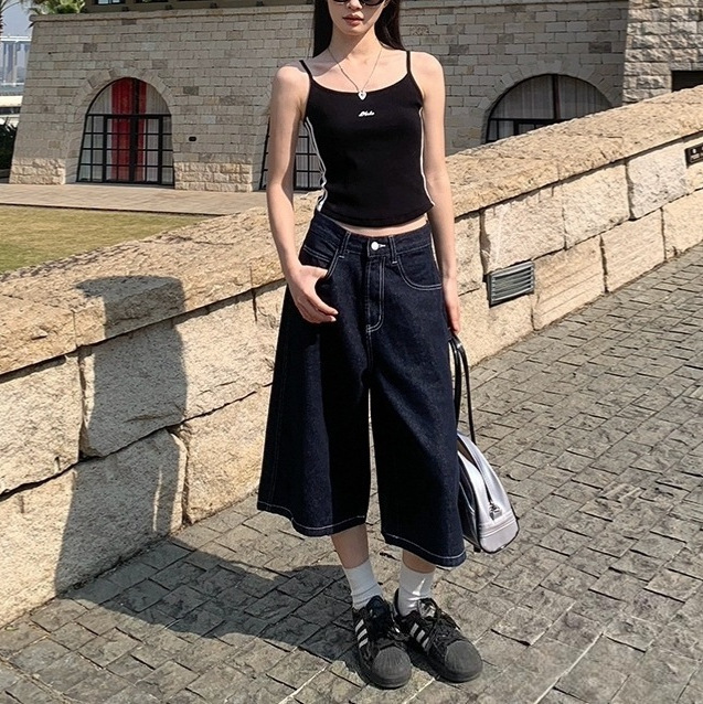 Song Zheng'En Dark Blue Wide-Leg Cropped Jeans for Women Summer 2025 New Style Petite High-Waisted Loose Straight Pants