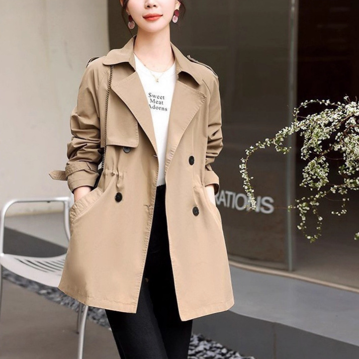 Cross-Border New Korean Style Windbreaker for Women 2025 Spring & Fall Style Drapey Windbreaker for Women with Small Waist and Mid-Length Outerwear