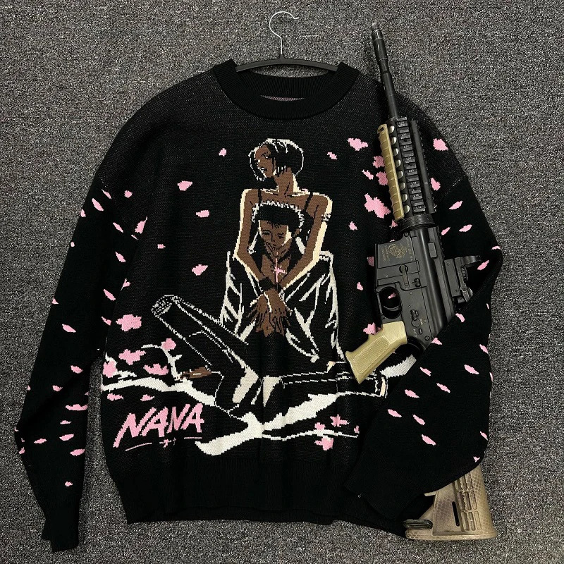 European and American Men and Women Hip-Hop Abstract Japanese Comic Nana Knitted Sweater Harajuku Loose Long-Sleeved Street Pullover