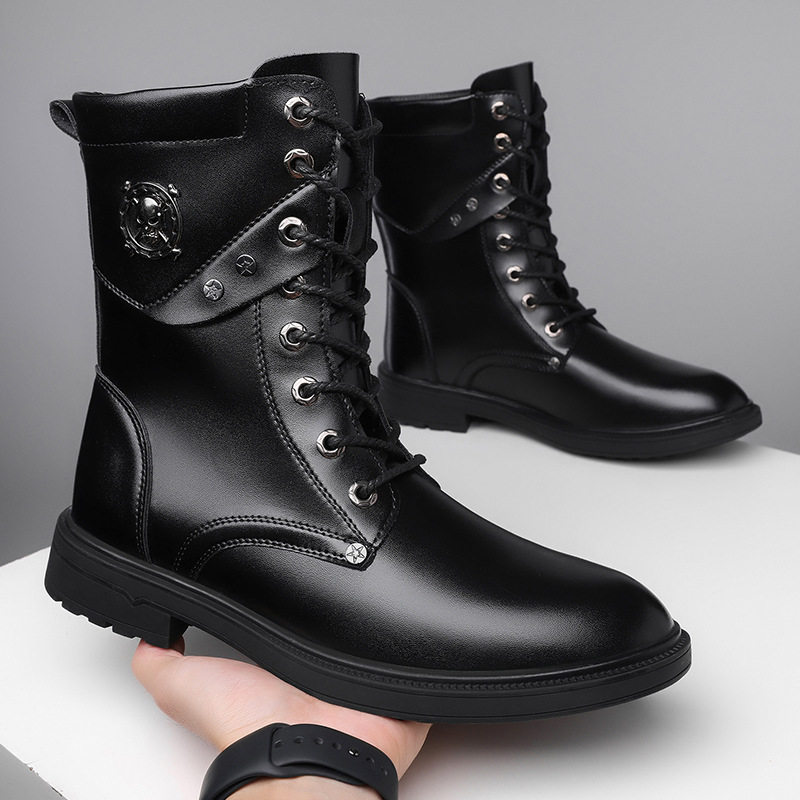 Giày bốt Martin nam cổ cao dây buộc mũi rộng phong cách denim, đế cao su chống trượt thoáng khí nhẹ nhàng — Màu nâu lót bông, Màu nâu lót da, Màu đen lót bông, Màu đen lót da