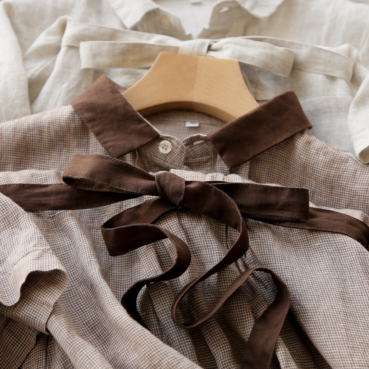 清仓 外mao单法国进口雨露麻~撞色千鸟格A字版衬衫式连衣裙女夏