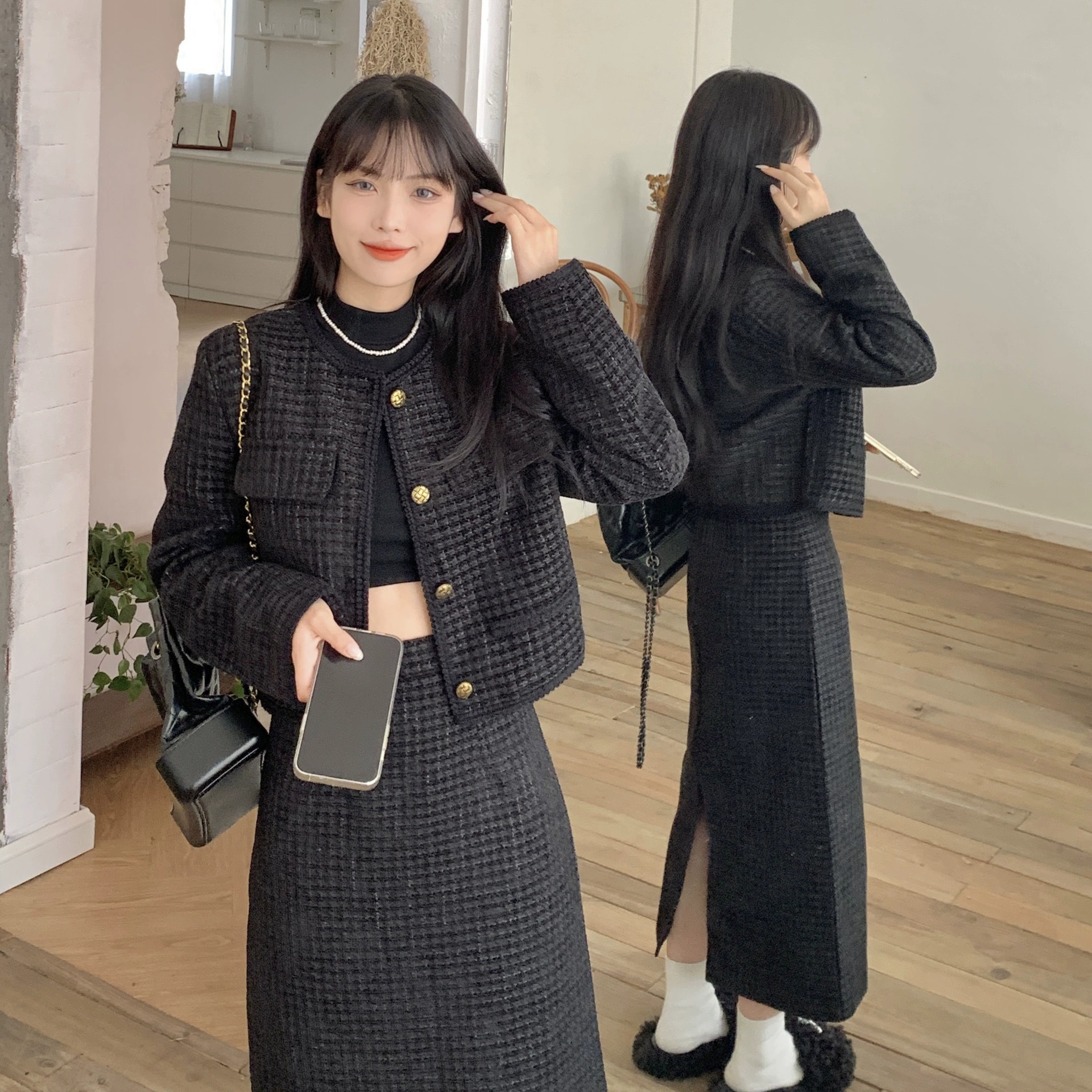 Высококачественный женский костюм больших размеров на весну и осень, толстая сестра, похудение, покрывающее мясо, топ-юбка в стиле Шанель, костюм из двух частей