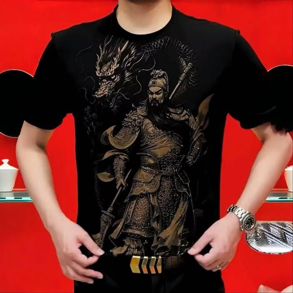 2026 verano nuevo hombre social hegemónico Guan Yu caliente taladro camiseta de manga corta hombre dragón volador en el cielo delgado tendencia de estilo libre