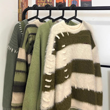 秋冬厚毛衣女宽松慵懒风高级设计感水貂绒针织软糯奶fufu条纹上衣